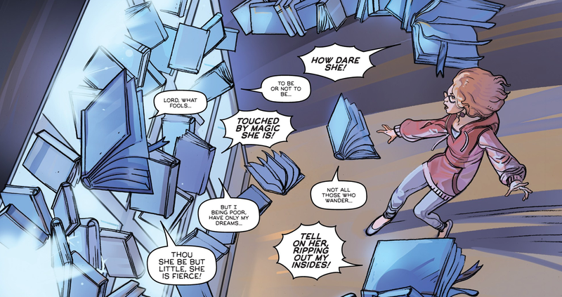 Bonnie being attacked by a shelf of books.